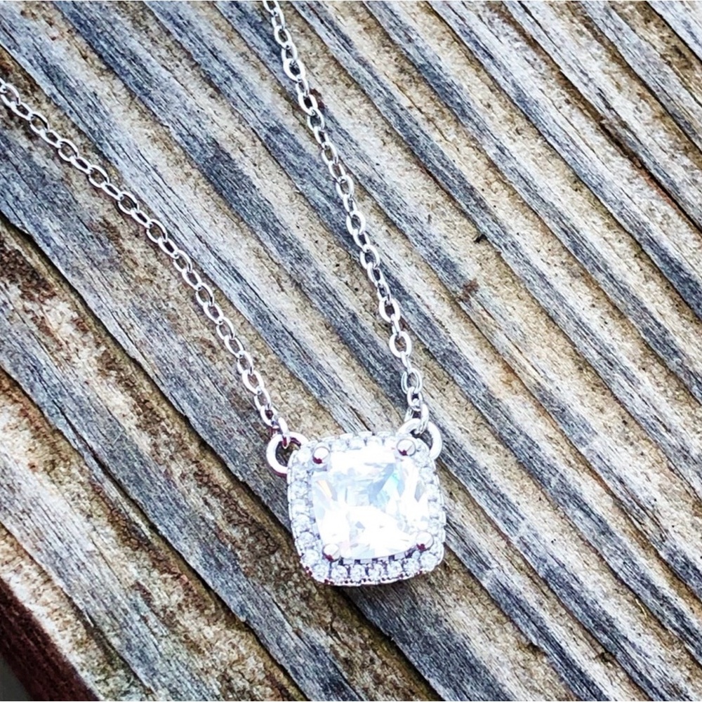 925 Cushion Cut Diamond with Halo Necklace - Picture 5 of 9